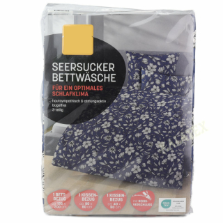 Bettwäsche Seersucker 3teilig dunkelblau Blumen